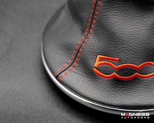 FIAT 500 Gear Shift Boot + Retaining Ring Set- Black EcoLeather w/ Red Stitching + 500 Logo